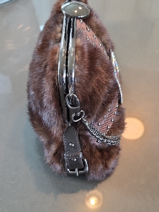 Brown Mink and Snake-Texture Evening Bag with Rhinestone Buckle & Kiss Closure - Picture 10 of 16